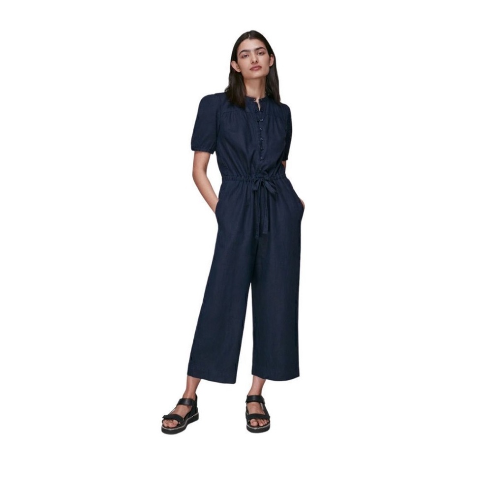 Whistles dark denim button front linen jumpsuit